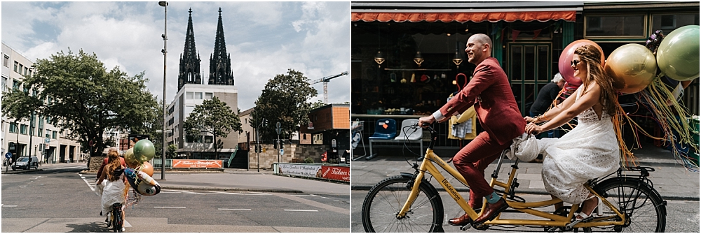 Lockere Hochzeitsfotos Köln Brautpaar mit Fahrrad